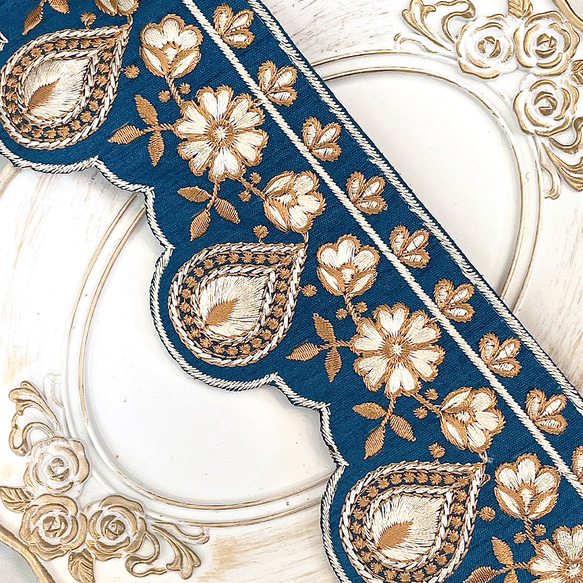 [ 092 ] 青 ブルー 雫 花柄 幅:6.5cm インド刺繍 リボン 1枚目の画像