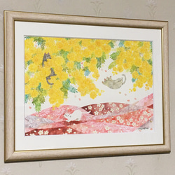 絵画「ミモザと桜とネコたち」 2枚目の画像