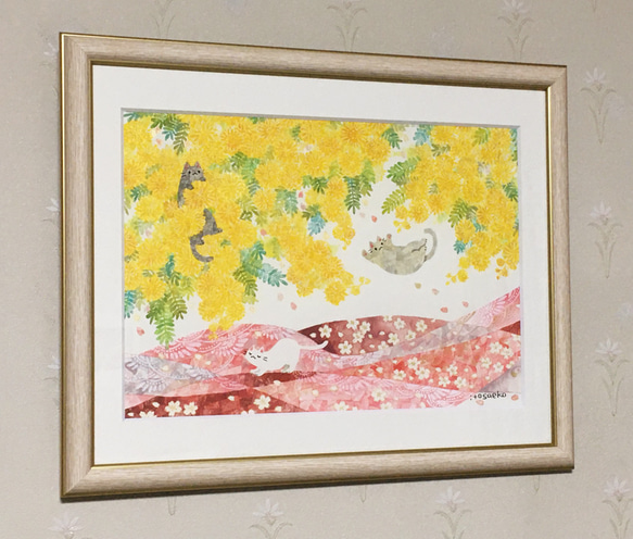 絵画「ミモザと桜とネコたち」 2枚目の画像