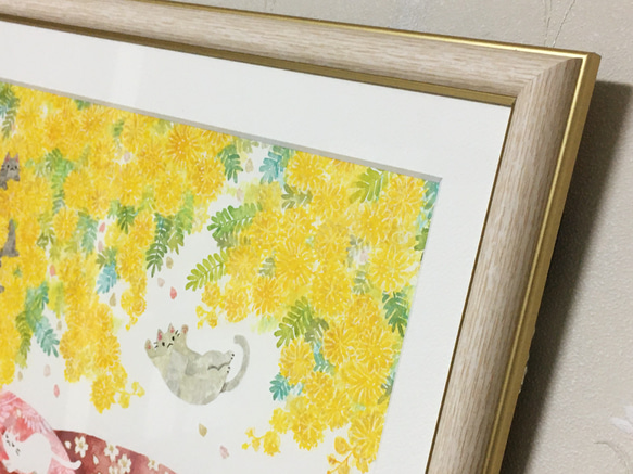 絵画「ミモザと桜とネコたち」 3枚目の画像