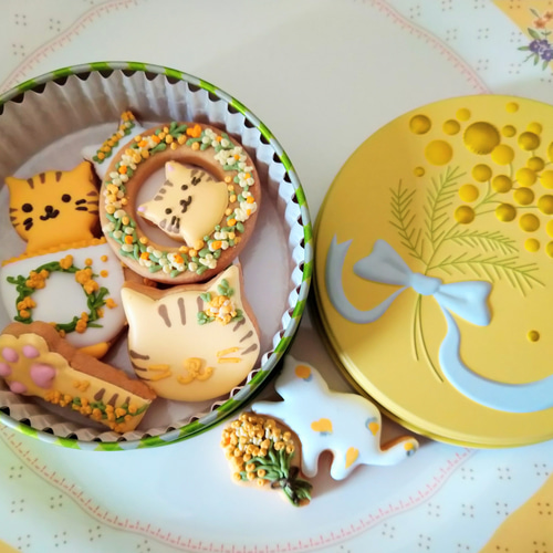 猫の日2025』ミモザと猫ちゃんのアイシングクッキー缶※白砂糖不
