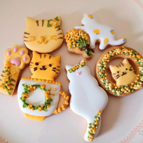 猫の日2025』ミモザと猫ちゃんのアイシングクッキー缶※白砂糖不