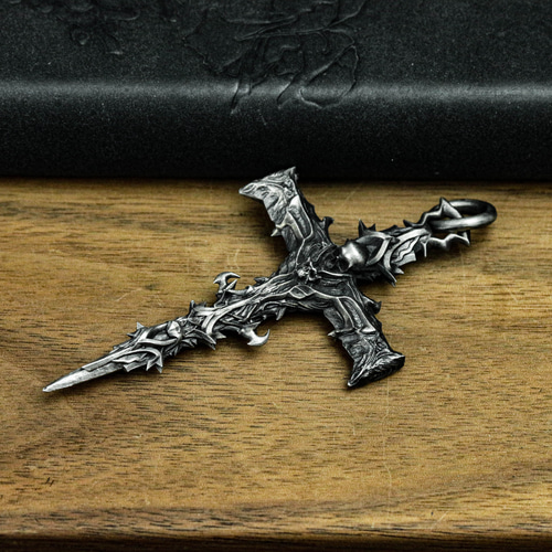 925純銀製スカルクロスペンダント、頭蓋骨の十字架のネックレス、とげ