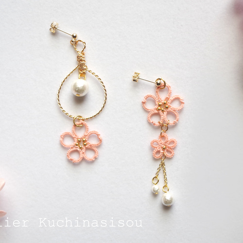 受注製作】タティングレースの桜のアシンメトリーピアス ピアス 