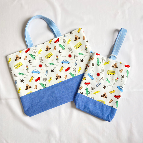 y♡mama 入園入学グッズ　レッスンバッグ　マチ付き　働く車設計図 既製品 『抗菌・防臭・超はっ水 マチ付きレッスンバッグ