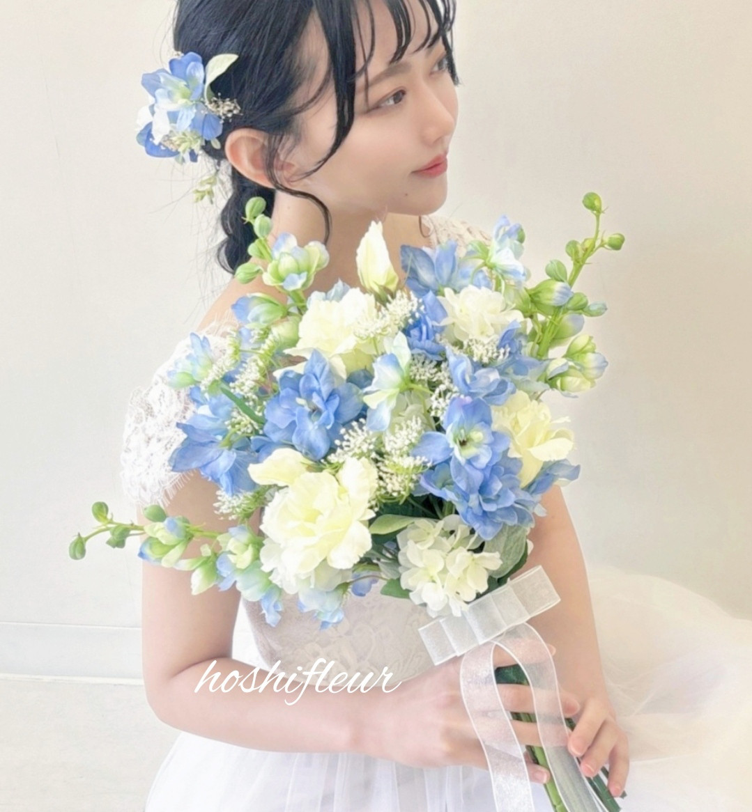 水色ブーケ ブートニア ヘアパーツ♡水色ウエディングブーケ水色ウェディングブーケ水色造花ブーケ結婚式水色ブーケ造花ブーケ