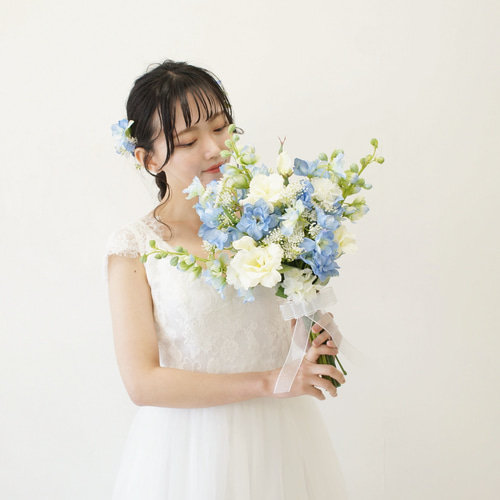 水色ブーケ ブートニア ヘアパーツ♡水色ウエディングブーケ水色