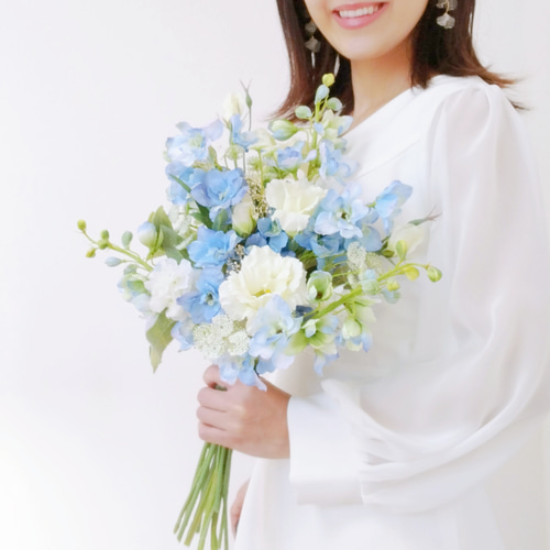 水色ブーケ ブートニア ヘアパーツ♡水色ウエディングブーケ水色
