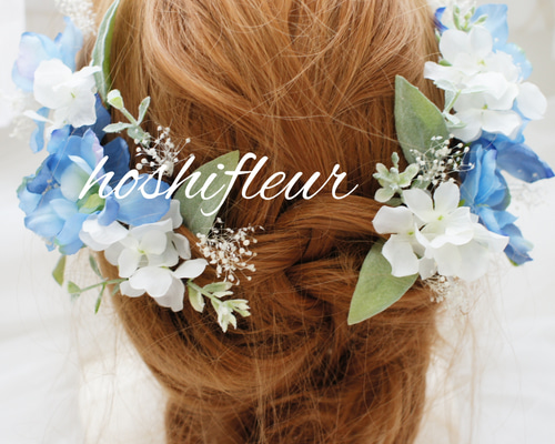 ヘッドドレス♡かすみ草♡紫陽花 青♡水色 リストブーケ cb5ebbd25b7cb798541cbe89b253c8