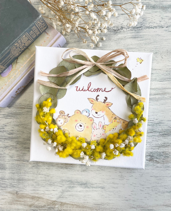 森の動物たちのミモザのリース ミモザリース フラワーギフト ご入学  