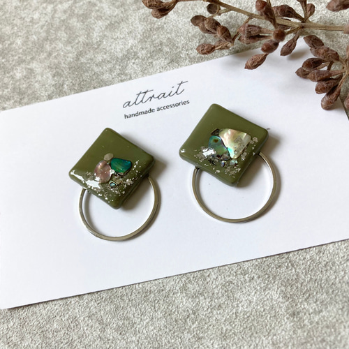 ひし型×シルバーリングレジンピアスorイヤリング/グリーン ピアス
