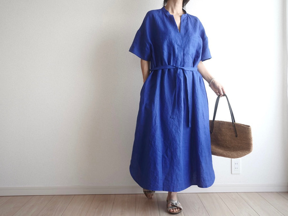 LE'RURE 半袖ワンピース MEDIUM ブルー LAUT BLUE(ラウトブルー)リラクシー長袖ワンピース/ダマスク柄