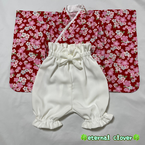 和柄生地】桜レッド×ホワイトパンツ ベビー袴 ベビー服 eternal 和柄生地】桜レッド×ホワイトパンツ ベビー袴 ベビー服 eternal