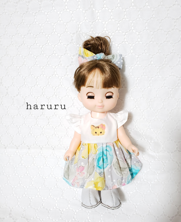 グレー猫のワンピースセット キャットプリントフライヨークワンピース