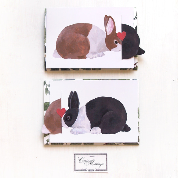 兔子親吻卡黑白兔和棕白兔一套 第1張的照片