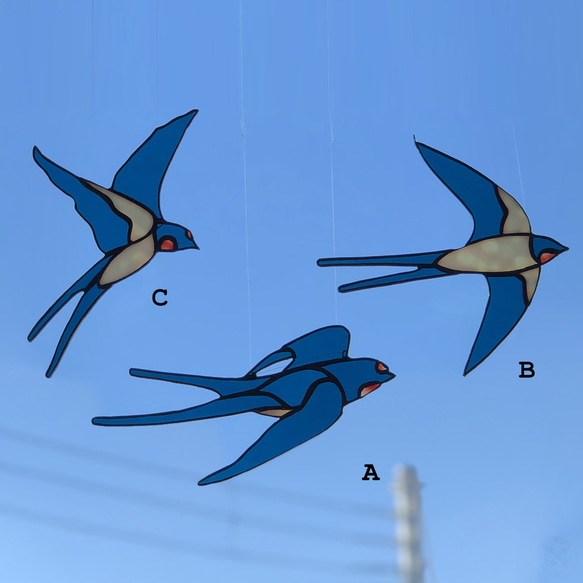 ステンドグラス　サンキャッチャー　つばめ　3羽（A,B,C ）セット 2枚目の画像