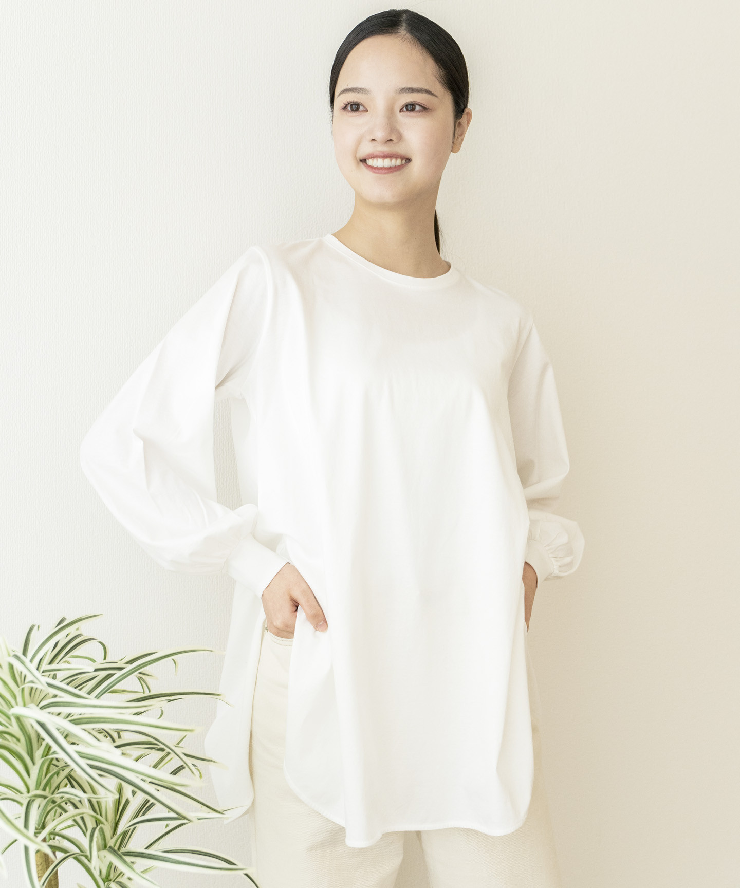 【洗える/快適素材/草木染め】オーガニックコットンレイヤーＴシャツ　オフシロ