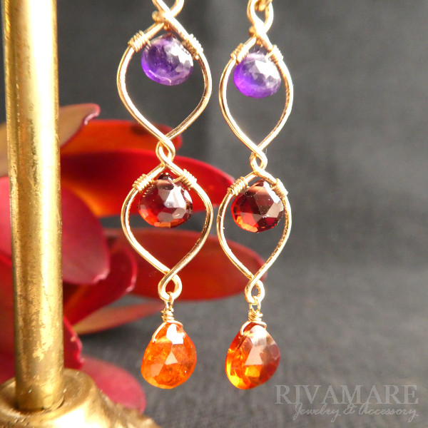 アメジスト モザンビークガーネット オレンジガーネット ゴールドワイヤー デザイン イヤリング/ピアス変更可