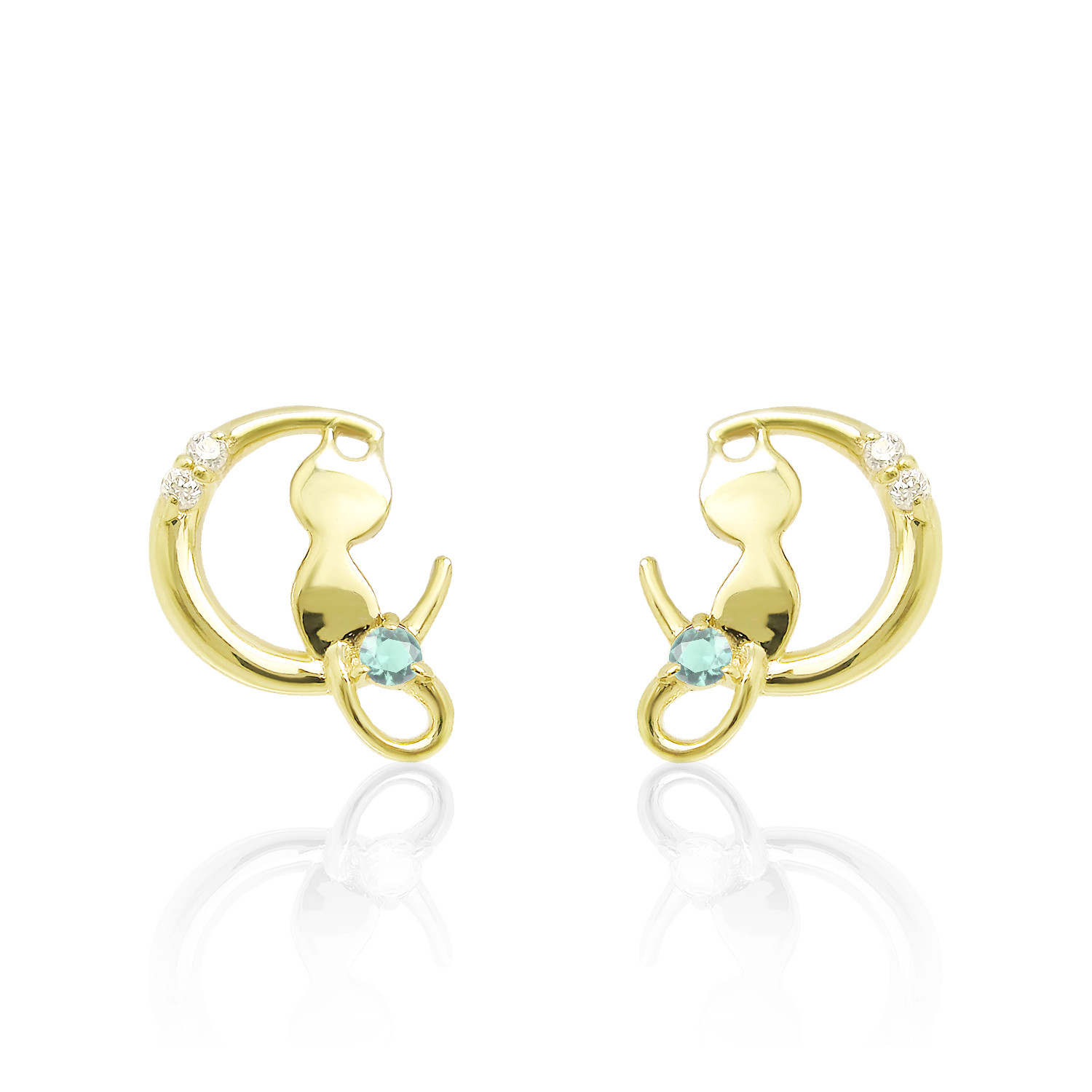 猫 & 三日月 デザイン 5月 誕生石 エメラルド & ダイヤモンド イエローゴールド ねこ ピアス [受注制作]