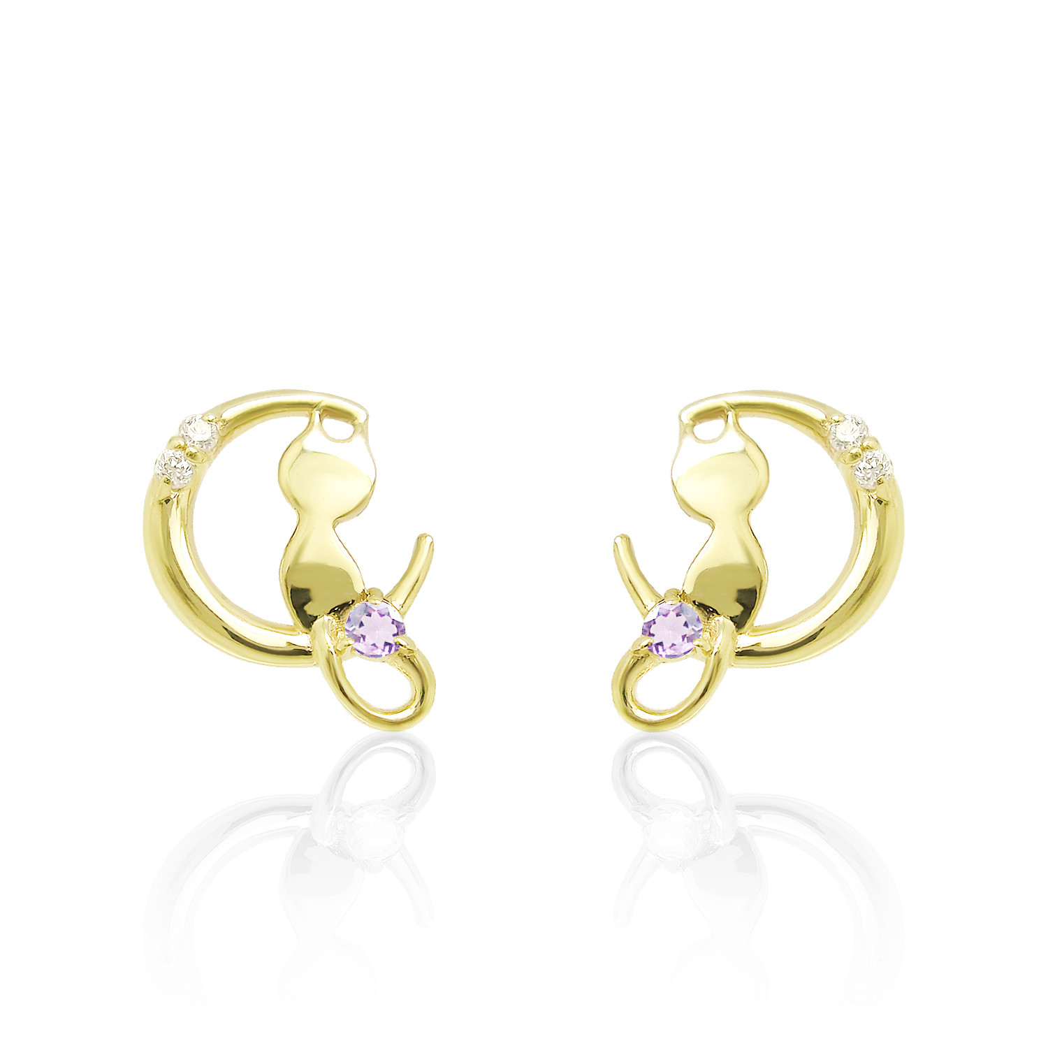 猫 & 三日月 デザイン 2月 誕生石 アメジスト & ダイヤモンド イエローゴールド ねこ ピアス [受注制作]