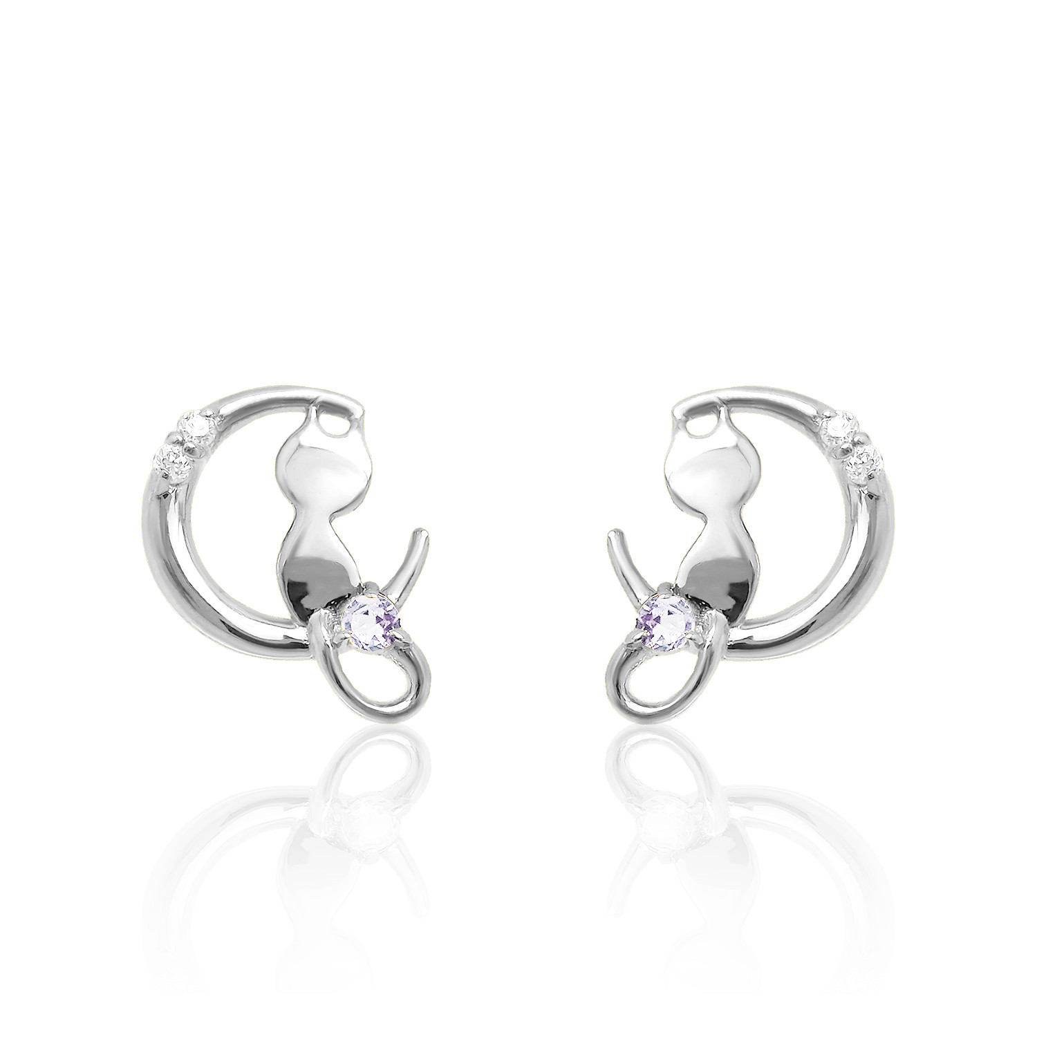 猫 & 三日月 デザイン 12月 誕生石 タンザナイト & ダイヤモンド ホワイトゴールド ねこ ピアス [受注制作]