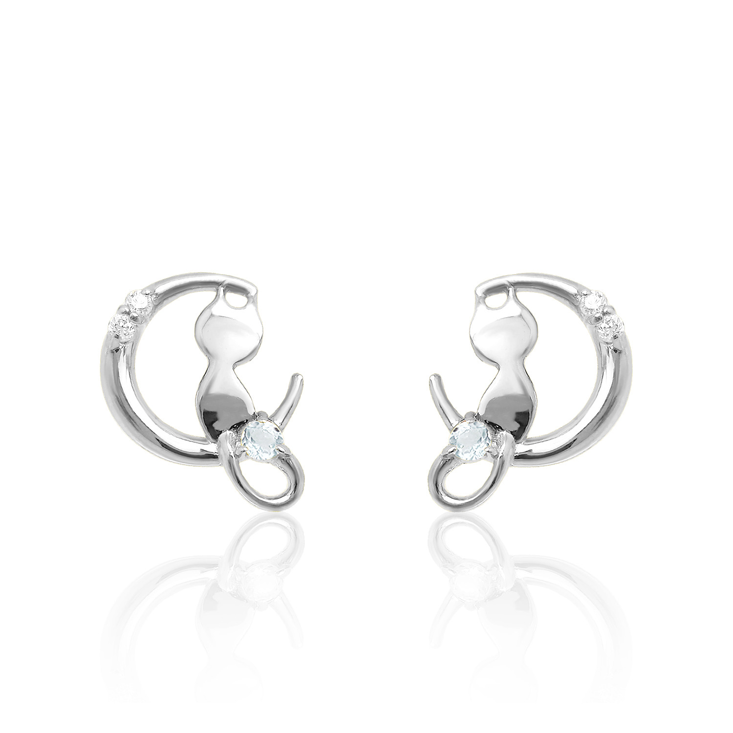 猫 & 三日月 デザイン 11月 誕生石 ブルートパーズ & ダイヤモンド ホワイトゴールド ねこ ピアス [受注制作]