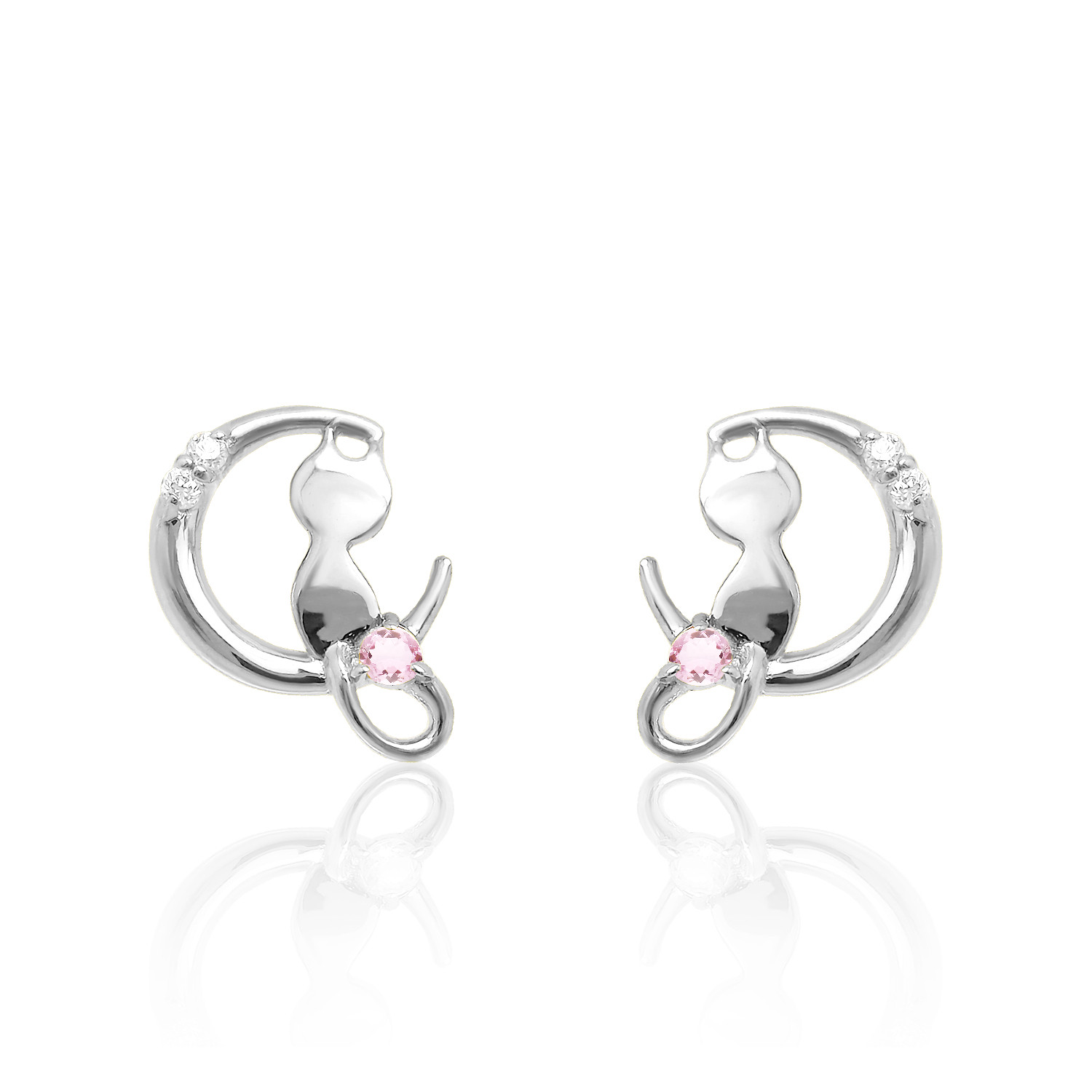 猫 & 三日月 デザイン 10月誕生石 ピンクトルマリン & ダイヤモンド ホワイトゴールド ねこ ピアス [受注制作]