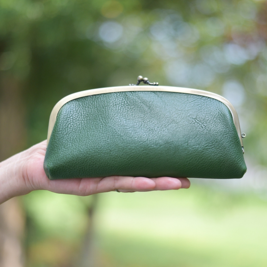 小銭を3秒で取り出せる❤️モリス×レザーのがまぐち長財布  新緑香るグリーン
