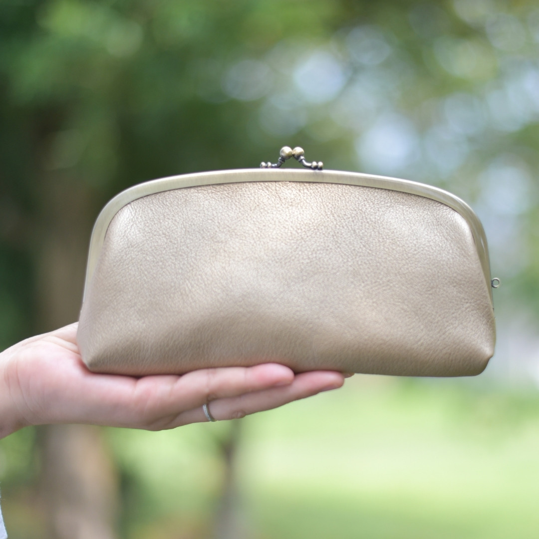 小銭が3秒でだせる❤️モリス×レザーのがまぐち長財布  大人に響くシャンパンゴールド