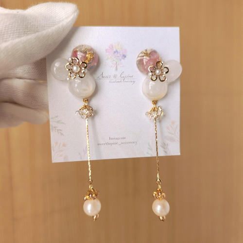ピンク】フラワーレジンパールロングチェーンイヤリング/ピアス