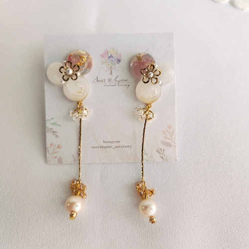ピンク】フラワーレジンパールロングチェーンイヤリング/ピアス