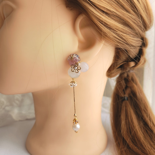 ピンク】フラワーレジンパールロングチェーンイヤリング/ピアス