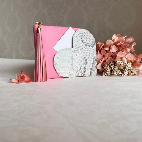 ミニ財布 L字ファスナー ♡ハートモチーフ♡ パイソン ナチュラル