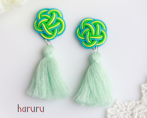 水引とタッセルのピアス イヤリング 【グリーン系】成人式 振袖 卒業式