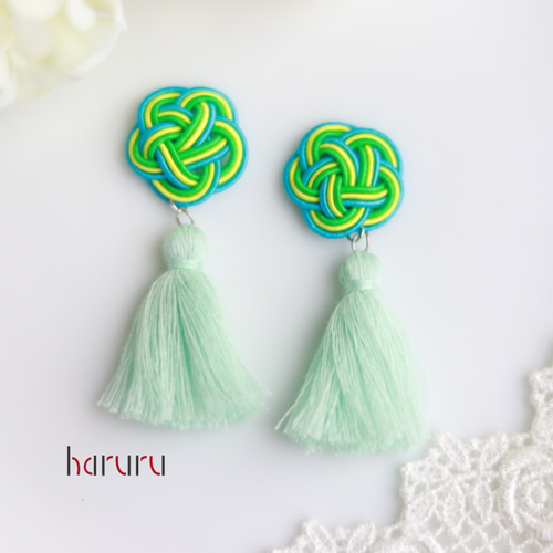 水引とタッセルのピアス イヤリング 【グリーン系】成人式 振袖 卒業式