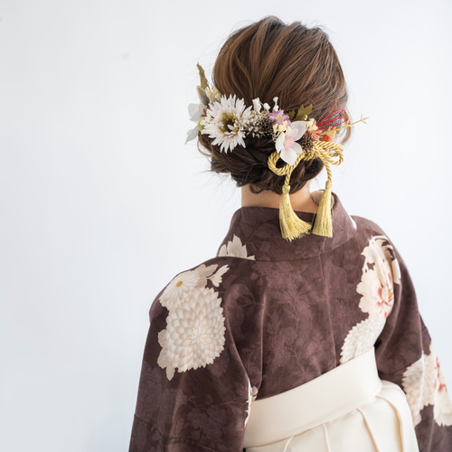 卒業式袴の髪飾り ダウンアレンジL】ブラウン・ベージュのレトロモダン