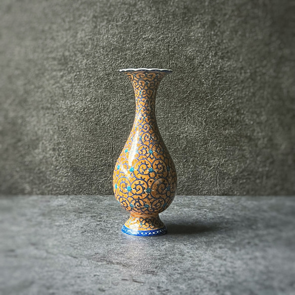 ペルシャ イラン アンティーク 手描き花瓶 青と緑の花模様