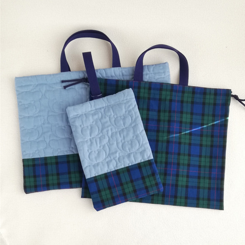 ハンドメイド 青 チェック キルティング レッスンバッグ 上履き入れ ライトブルー チェック付き くま柄キルティング セット販売 レッスン