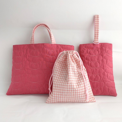 ライトブルー チェック付き くま柄キルティング セット販売 レッスン