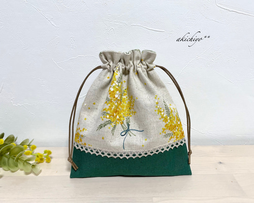 みーちゃん　巾着袋　ポーチハンドメイド ミモザブーケのミニ巾着ポーチ** リネンレース付き ナチュラル 巾着袋