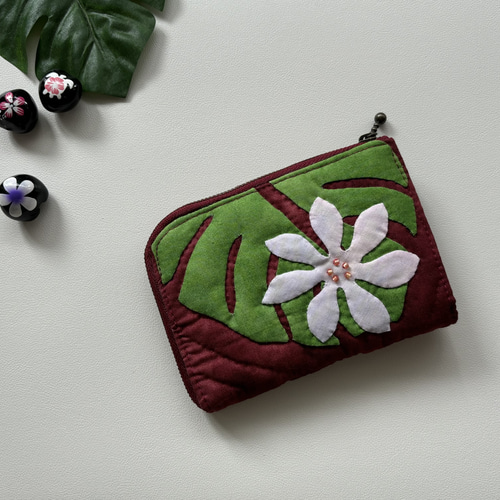 送料無料♪L字ファスナーミニ財布 少し和風なモンステラ【マチ付き