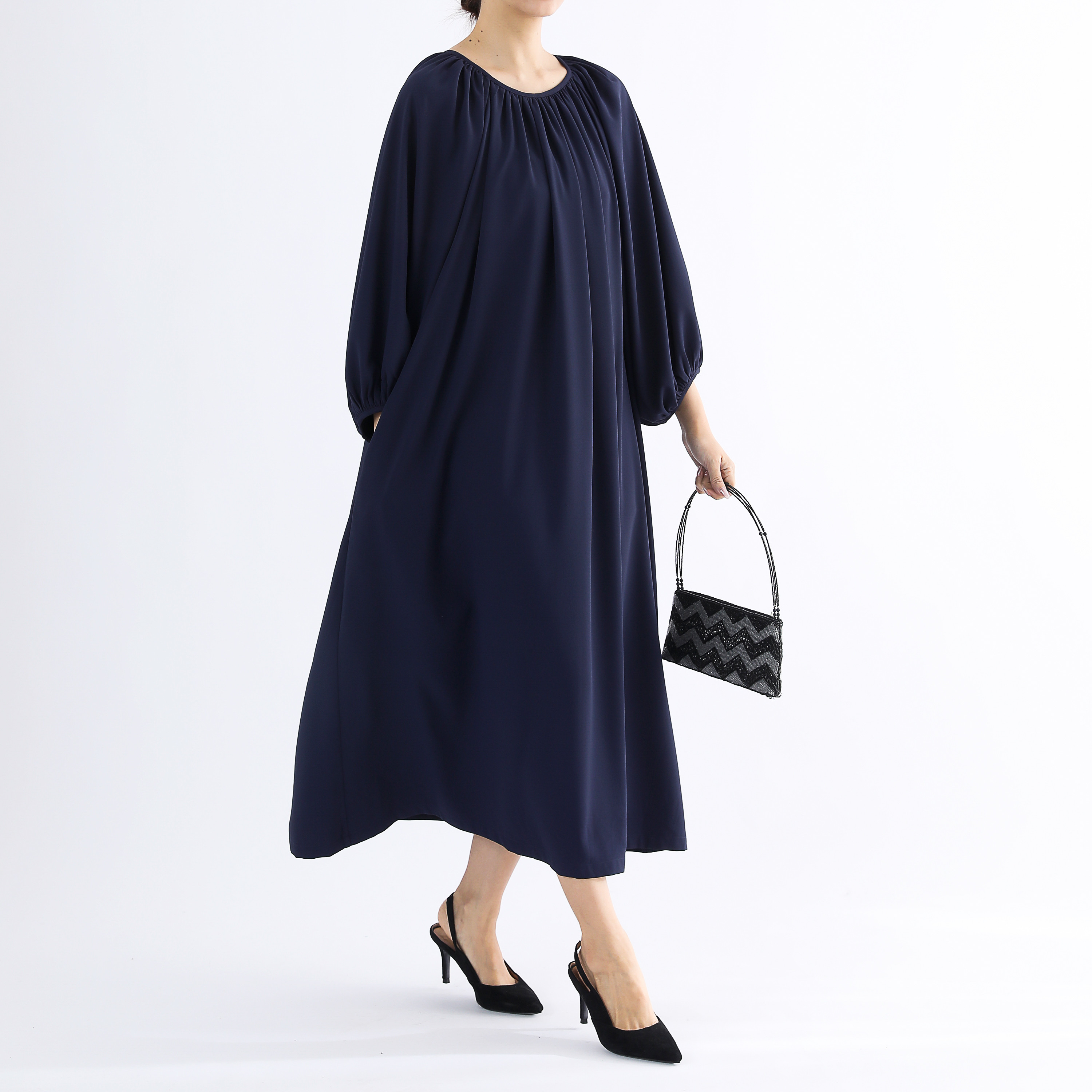 フォーマル ギャザーロングワンピース・ラグランスリーブ・淡水パールボタン・ネイビー・サイズオーダーok 6,230円