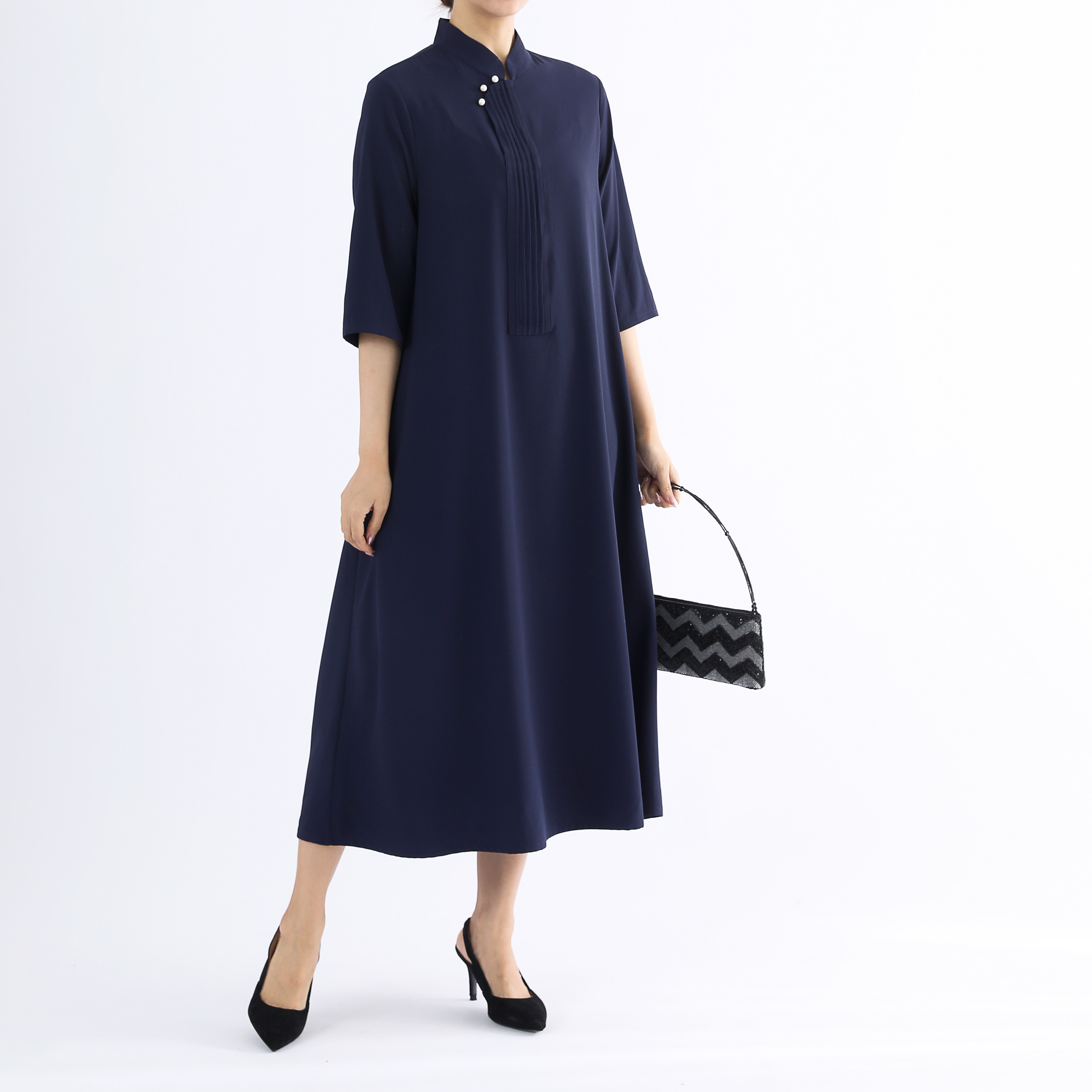 フォーマル ワンピース・淡水パールボタン・ネイビー・サイズオーダーok
