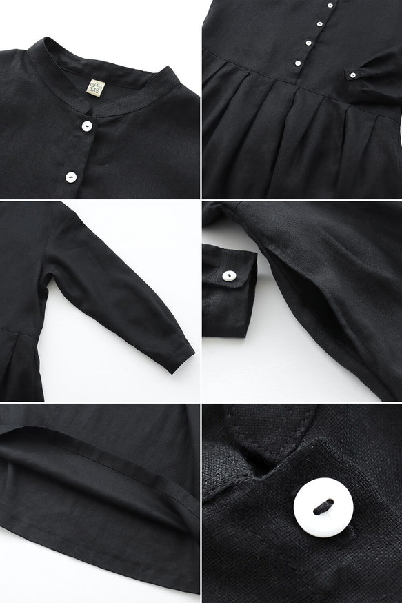 亞麻立領翻褶連身裙（黑色） OP11 第13張的照片