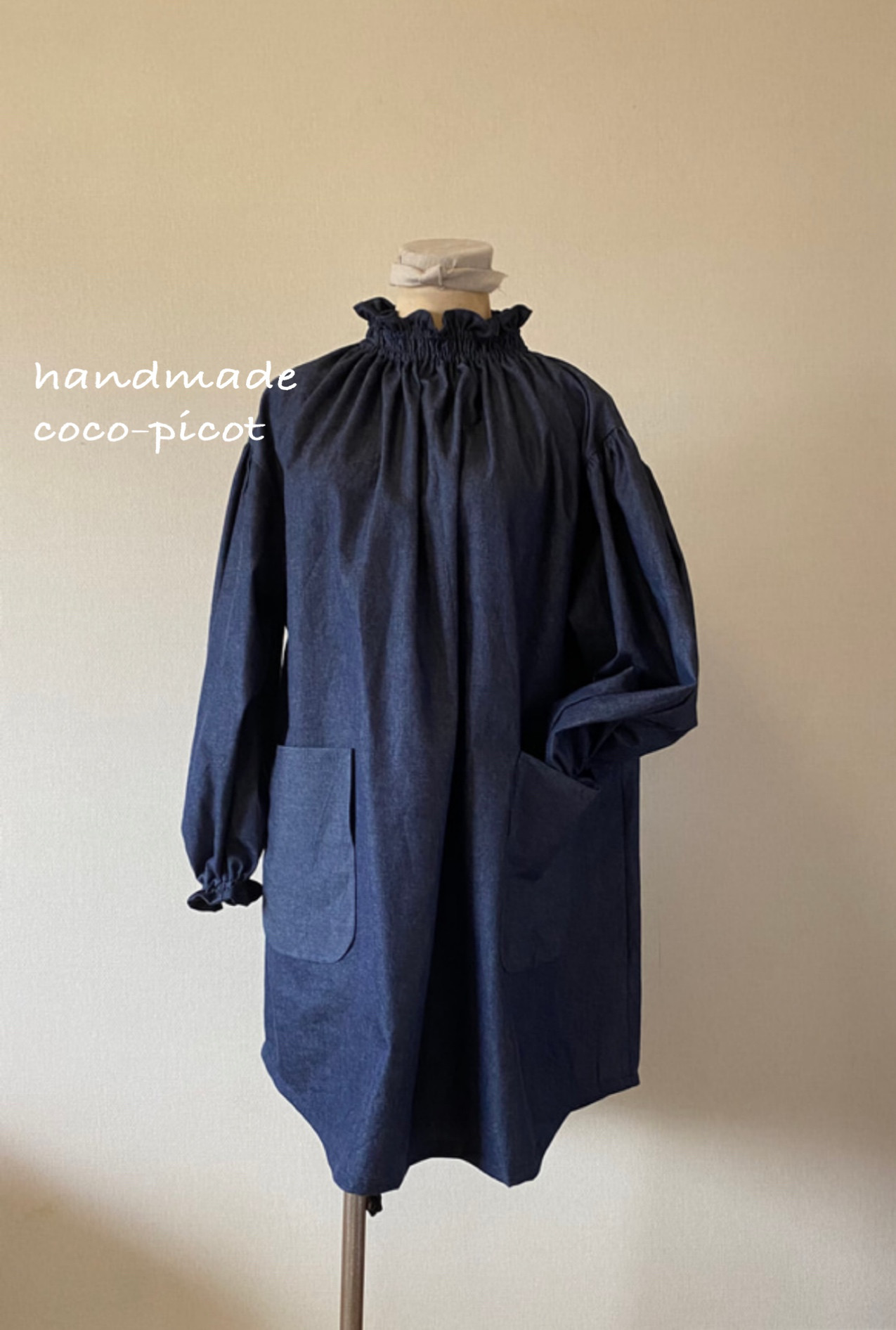 ぽわん袖　おしゃれ可愛い割烹着　6オンス岡山デニム生地エプロン