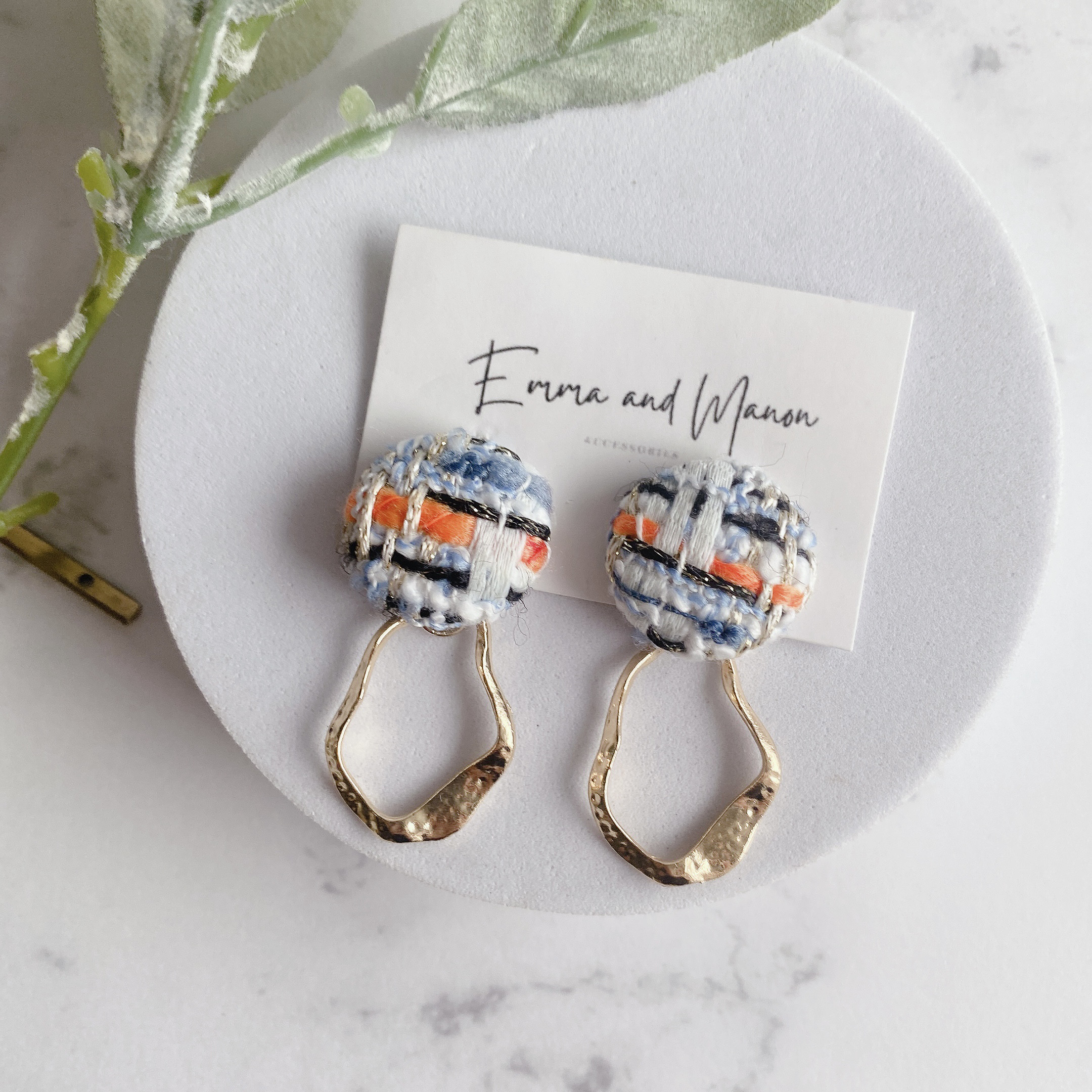 再販5 ツイード ケミカルレース ボタン カボション ピアス イヤリング