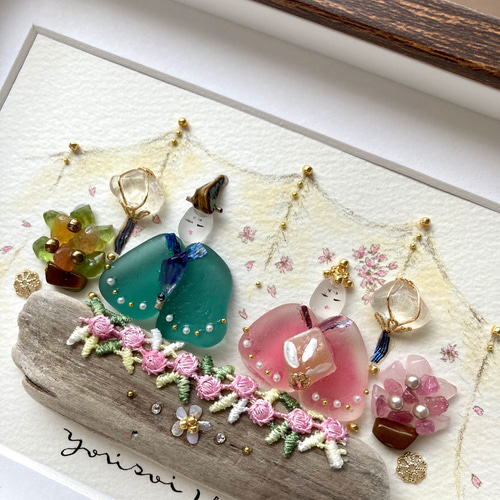 寄り添い雛 シーグラス／天然石／フレームアート／壁掛け額／ガラス