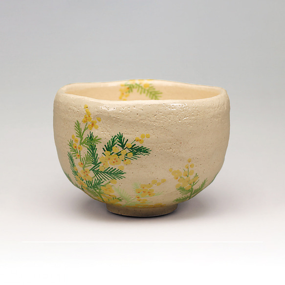 楽焼「ミモザの絵茶碗」 抹茶碗　茶道具　手描き 1枚目の画像