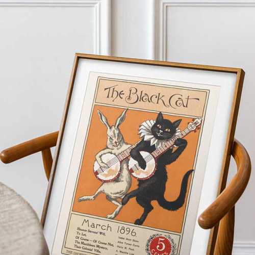ヴィンテージなポスター、黒猫とウサギのバンジョー弾き、インテリ