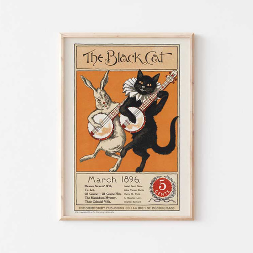 ヴィンテージなポスター、黒猫とウサギのバンジョー弾き、インテリ